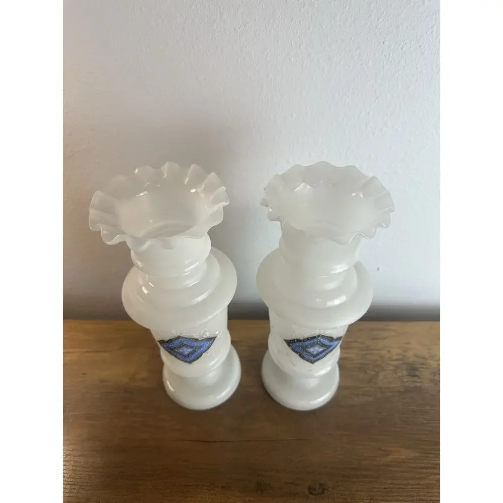 Vintage Pair Milk Glass Vases Blue Diamond Motif Ruffled Rim Art Glass